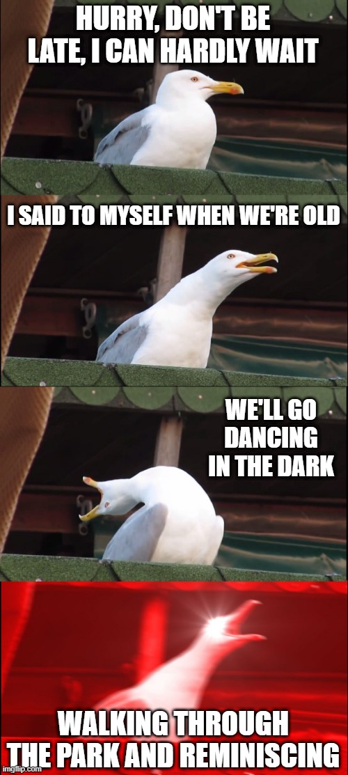 Little River Band | HURRY, DON'T BE LATE, I CAN HARDLY WAIT; I SAID TO MYSELF WHEN WE'RE OLD; WE'LL GO DANCING IN THE DARK; WALKING THROUGH THE PARK AND REMINISCING | image tagged in memes,inhaling seagull | made w/ Imgflip meme maker