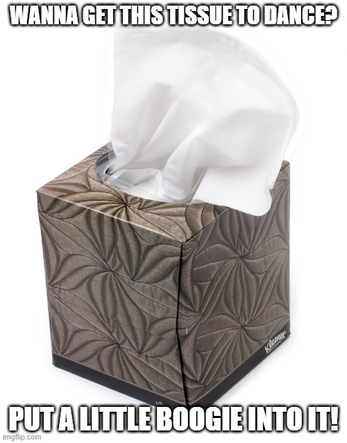 Snot Bad | WANNA GET THIS TISSUE TO DANCE? PUT A LITTLE BOOGIE INTO IT! | image tagged in tissue | made w/ Imgflip meme maker