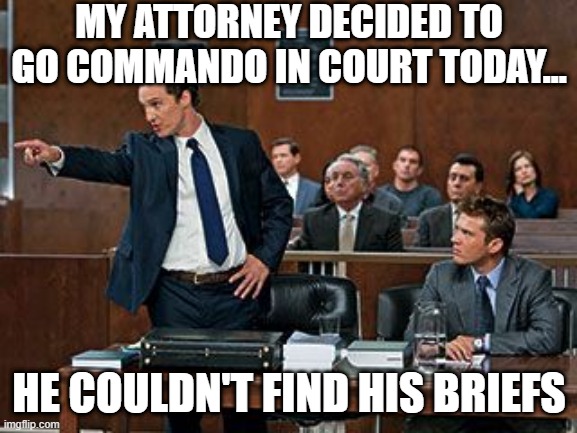 Legal Trouble | MY ATTORNEY DECIDED TO GO COMMANDO IN COURT TODAY... HE COULDN'T FIND HIS BRIEFS | image tagged in lawyer | made w/ Imgflip meme maker