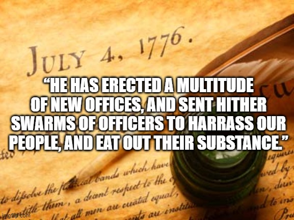 Declaration of independence | “HE HAS ERECTED A MULTITUDE OF NEW OFFICES, AND SENT HITHER SWARMS OF OFFICERS TO HARRASS OUR PEOPLE, AND EAT OUT THEIR SUBSTANCE.” | image tagged in declaration of independence | made w/ Imgflip meme maker