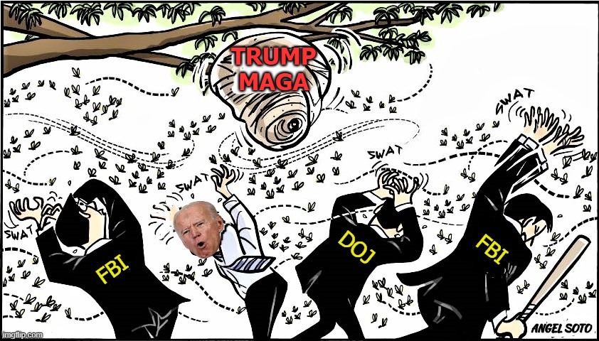 disturbing the hornets nest | TRUMP
MAGA; DOJ; FBI; FBI; ANGEL SOTO | image tagged in joe biden,donald trump,fbi,doj,raid,hornet's nest | made w/ Imgflip meme maker