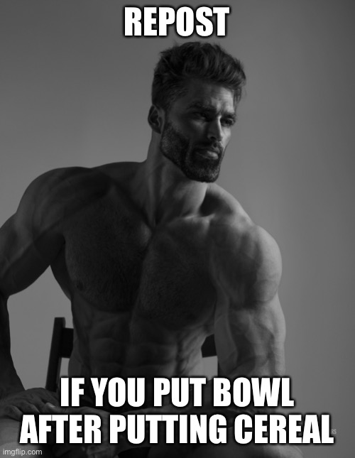 Giga Chad | REPOST; IF YOU PUT BOWL AFTER PUTTING CEREAL | image tagged in giga chad | made w/ Imgflip meme maker