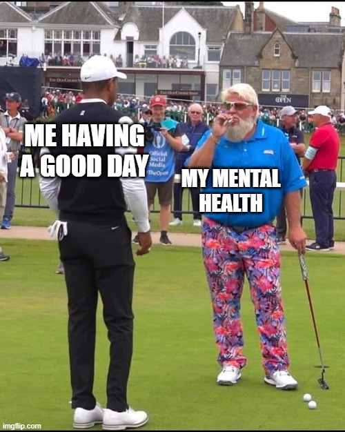 John Daly and Tiger Woods | ME HAVING A GOOD DAY; MY MENTAL HEALTH | image tagged in john daly and tiger woods | made w/ Imgflip meme maker