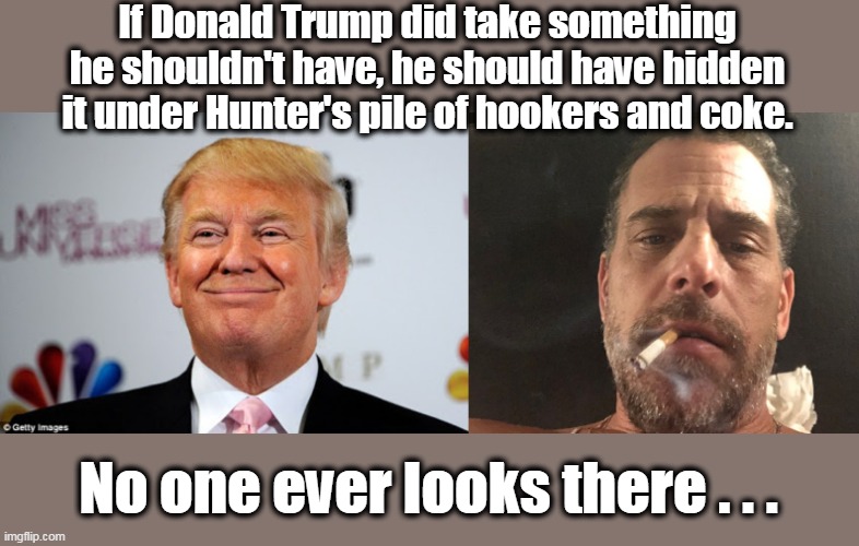 Democrats have run DC for too long- they are out of control. | If Donald Trump did take something he shouldn't have, he should have hidden it under Hunter's pile of hookers and coke. No one ever looks there . . . | image tagged in democrat,corruption,illegal,government,assault weapons | made w/ Imgflip meme maker