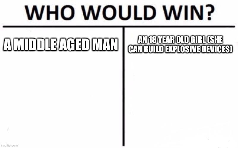 Who Would Win? | A MIDDLE AGED MAN; AN 18 YEAR OLD GIRL (SHE CAN BUILD EXPLOSIVE DEVICES) | image tagged in memes,who would win | made w/ Imgflip meme maker