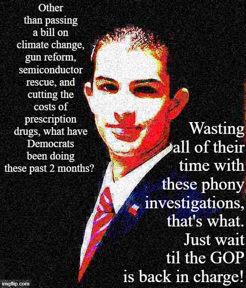 College conservative deep-fried 2 | Other than passing a bill on climate change, gun reform, semiconductor rescue, and cutting the costs of prescription drugs, what have Democrats been doing these past 2 months? Wasting all of their time with these phony investigations, that's what. Just wait til the GOP is back in charge! | image tagged in college conservative deep-fried 2 | made w/ Imgflip meme maker