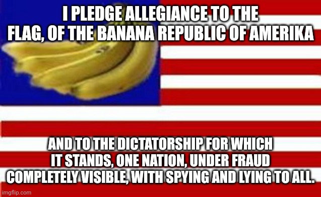 I PLEDGE ALLEGIANCE TO THE FLAG, OF THE BANANA REPUBLIC OF AMERIKA; AND TO THE DICTATORSHIP FOR WHICH IT STANDS, ONE NATION, UNDER FRAUD COMPLETELY VISIBLE, WITH SPYING AND LYING TO ALL. | made w/ Imgflip meme maker