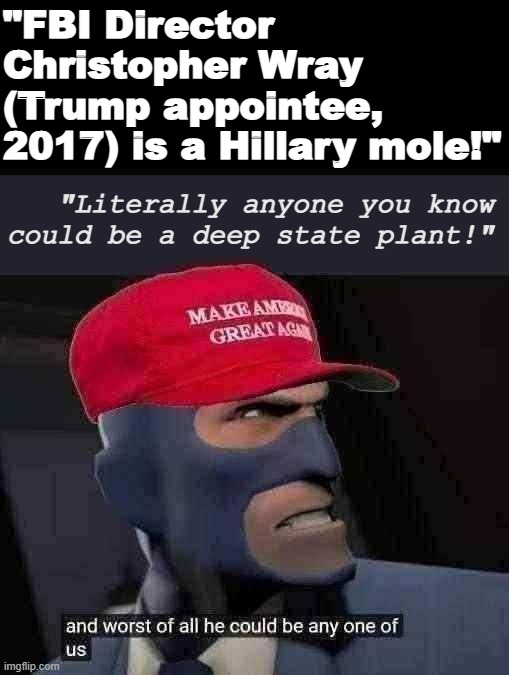 Troll of the Day: "Deep State Mole" Hunters | "FBI Director Christopher Wray (Trump appointee, 2017) is a Hillary mole!"; "Literally anyone you know could be a deep state plant!" | image tagged in maga he could be any one of us | made w/ Imgflip meme maker