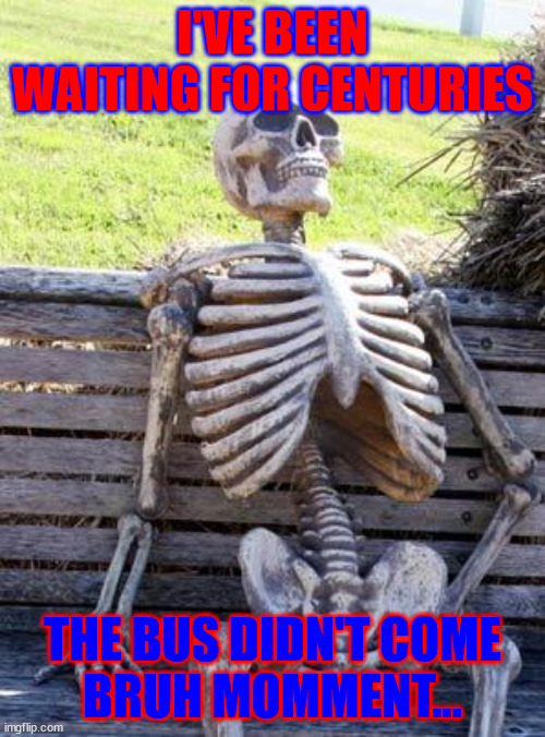 BRUH Moment | I'VE BEEN WAITING FOR CENTURIES; THE BUS DIDN'T COME
BRUH MOMMENT... | image tagged in memes,waiting skeleton | made w/ Imgflip meme maker