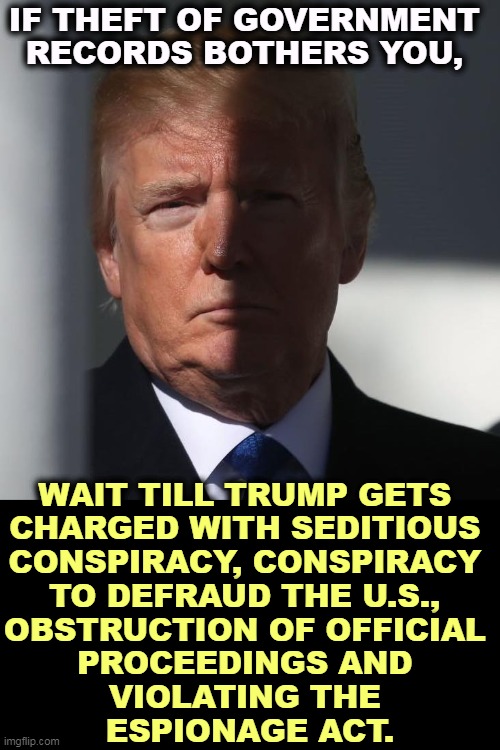 And he did it all to himself. | IF THEFT OF GOVERNMENT 
RECORDS BOTHERS YOU, WAIT TILL TRUMP GETS 
CHARGED WITH SEDITIOUS 
CONSPIRACY, CONSPIRACY 
TO DEFRAUD THE U.S., 
OBSTRUCTION OF OFFICIAL 
PROCEEDINGS AND 
VIOLATING THE 
ESPIONAGE ACT. | image tagged in trump,criminal,spy,fraud,conspiracy,thief | made w/ Imgflip meme maker