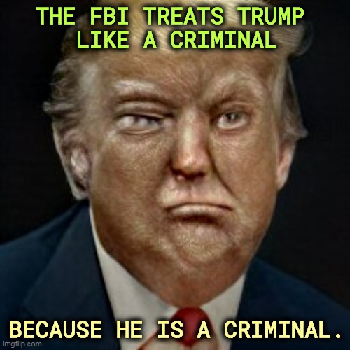 THE FBI TREATS TRUMP 
LIKE A CRIMINAL; BECAUSE HE IS A CRIMINAL. | image tagged in fbi,doj,trump,criminal,crime | made w/ Imgflip meme maker
