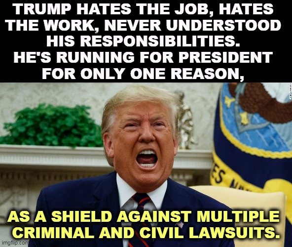 Trump screaming in fear | TRUMP HATES THE JOB, HATES 
THE WORK, NEVER UNDERSTOOD 
HIS RESPONSIBILITIES. 

HE'S RUNNING FOR PRESIDENT 
FOR ONLY ONE REASON, AS A SHIELD AGAINST MULTIPLE 
CRIMINAL AND CIVIL LAWSUITS. | image tagged in trump screaming in fear,trump,worst,president,history,lawsuit | made w/ Imgflip meme maker