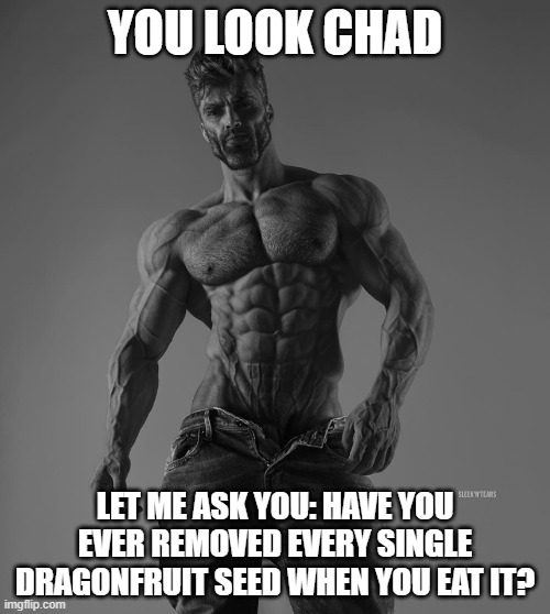 Gigachad | YOU LOOK CHAD; LET ME ASK YOU: HAVE YOU EVER REMOVED EVERY SINGLE DRAGONFRUIT SEED WHEN YOU EAT IT? | image tagged in gigachad | made w/ Imgflip meme maker