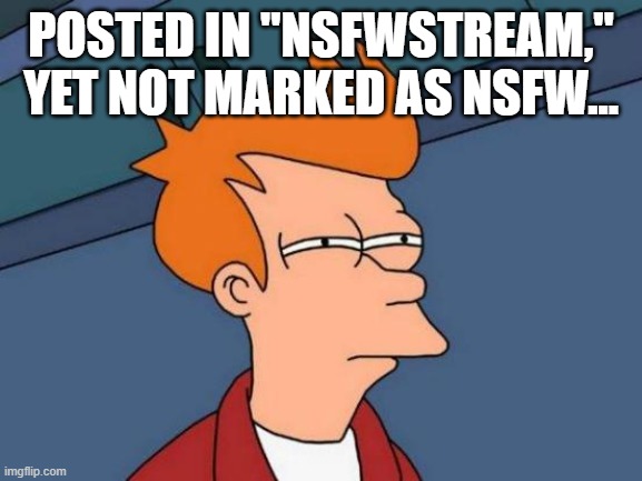 Futurama Fry Meme | POSTED IN "NSFWSTREAM," YET NOT MARKED AS NSFW... | image tagged in memes,futurama fry | made w/ Imgflip meme maker