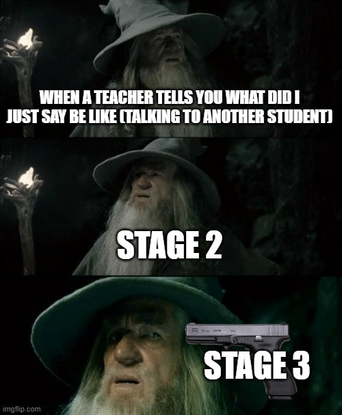 Confused Gandalf |  WHEN A TEACHER TELLS YOU WHAT DID I JUST SAY BE LIKE (TALKING TO ANOTHER STUDENT); STAGE 2; STAGE 3 | image tagged in memes,confused gandalf | made w/ Imgflip meme maker