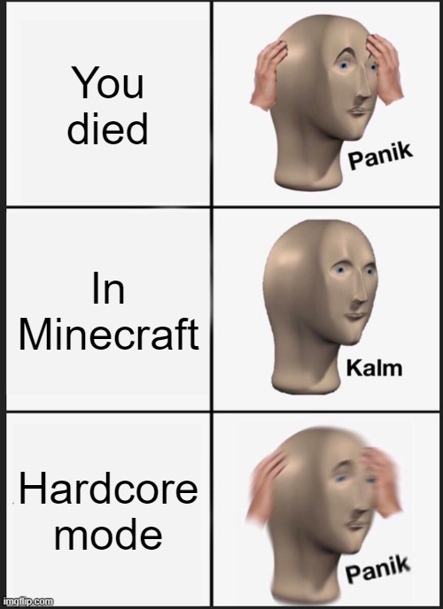 You actually read the title. Wow. | You died; In Minecraft; Hardcore mode | image tagged in memes,panik kalm panik | made w/ Imgflip meme maker