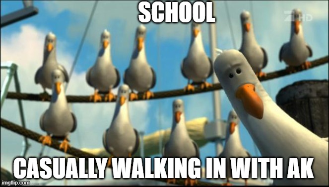 Nemo Seagulls Mine | SCHOOL; CASUALLY WALKING IN WITH AK | image tagged in nemo seagulls mine | made w/ Imgflip meme maker