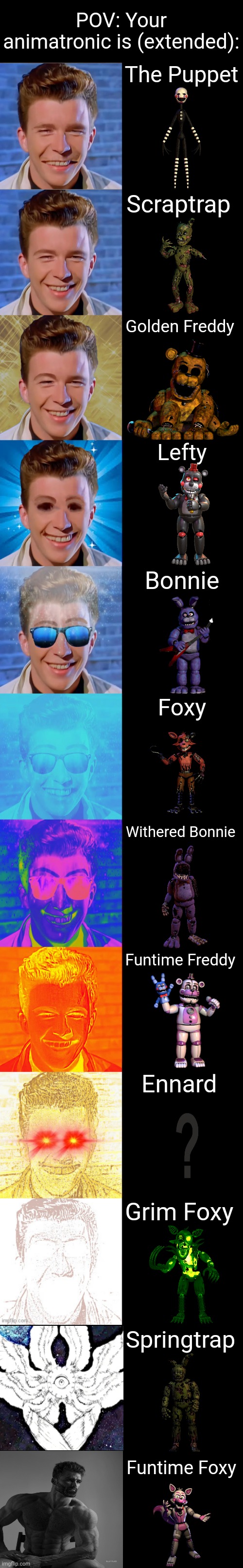 You Favorite Animatronic is: | POV: Your animatronic is (extended):; The Puppet; Scraptrap; Golden Freddy; Lefty; Bonnie; Foxy; Withered Bonnie; Funtime Freddy; Ennard; Grim Foxy; Springtrap; Funtime Foxy | image tagged in rick astley becoming canny,memes | made w/ Imgflip meme maker
