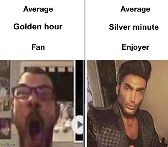 golden hour is overrated | Golden hour; Silver minute | image tagged in average fan vs average enjoyer,memes | made w/ Imgflip meme maker