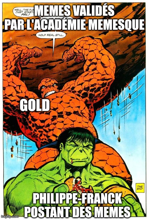 Hulk Ambush | MEMES VALIDÉS PAR L'ACADÉMIE MEMESQUE; GOLD; PHILIPPE-FRANCK POSTANT DES MEMES | image tagged in hulk ambush | made w/ Imgflip meme maker