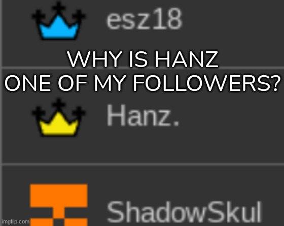 No seriously, why? | WHY IS HANZ ONE OF MY FOLLOWERS? | image tagged in idk,stuff,s o u p,carck | made w/ Imgflip meme maker