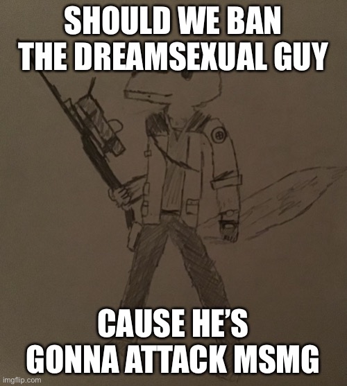 LordReaperus but he’s a tf2 sniper | SHOULD WE BAN THE DREAMSEXUAL GUY; CAUSE HE’S GONNA ATTACK MSMG | image tagged in lordreaperus but he s a tf2 sniper | made w/ Imgflip meme maker