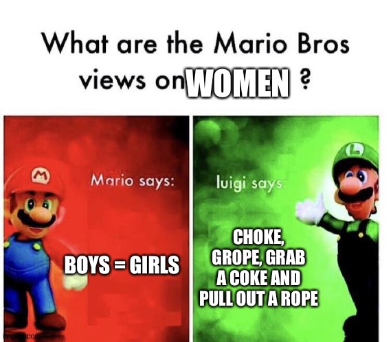 Mario Bros Views | WOMEN; BOYS = GIRLS; CHOKE, GROPE, GRAB A COKE AND PULL OUT A ROPE | image tagged in mario bros views | made w/ Imgflip meme maker