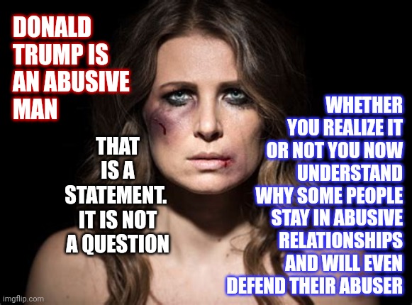 The Psychology Of The Abused | WHETHER YOU REALIZE IT OR NOT YOU NOW UNDERSTAND WHY SOME PEOPLE STAY IN ABUSIVE RELATIONSHIPS AND WILL EVEN DEFEND THEIR ABUSER; DONALD TRUMP IS AN ABUSIVE
MAN; THAT IS A STATEMENT.  IT IS NOT A QUESTION | image tagged in psychology,memes,think about it,domestic abuse,daily abuse,trump is a predator | made w/ Imgflip meme maker