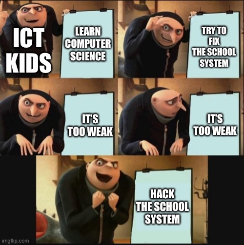 Yes coding :D | LEARN COMPUTER SCIENCE; ICT KIDS; TRY TO FIX THE SCHOOL SYSTEM; IT’S TOO WEAK; IT’S TOO WEAK; HACK THE SCHOOL SYSTEM | image tagged in 5 panel gru meme | made w/ Imgflip meme maker