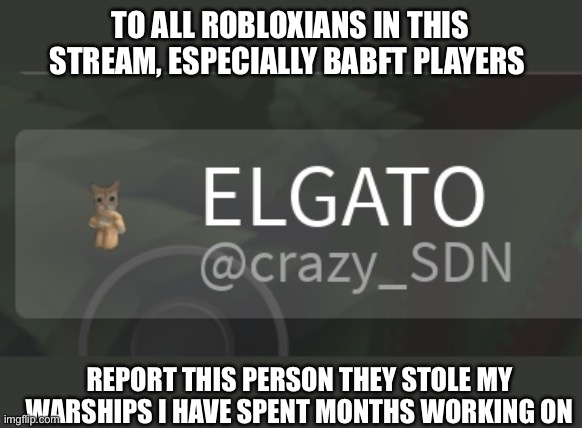 TO ALL ROBLOXIANS IN THIS STREAM, ESPECIALLY BABFT PLAYERS; REPORT THIS PERSON THEY STOLE MY WARSHIPS I HAVE SPENT MONTHS WORKING ON | made w/ Imgflip meme maker