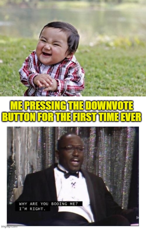 ME PRESSING THE DOWNVOTE BUTTON FOR THE FIRST TIME EVER | image tagged in memes,evil toddler,im right | made w/ Imgflip meme maker