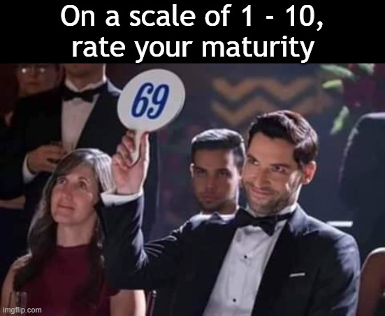 I'm very mature | On a scale of 1 - 10,
rate your maturity | image tagged in mature,69,immature | made w/ Imgflip meme maker