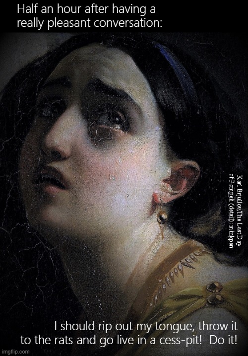 Said Too Much | Half an hour after having a
really pleasant conversation:; Karl Brjullov,The Last Day
of Pompeii (detail): minkpen; I should rip out my tongue, throw it to the rats and go live in a cess-pit!  Do it! | image tagged in art memes,bpd,oversharing,mental illness,self-hatred,i hate myself | made w/ Imgflip meme maker