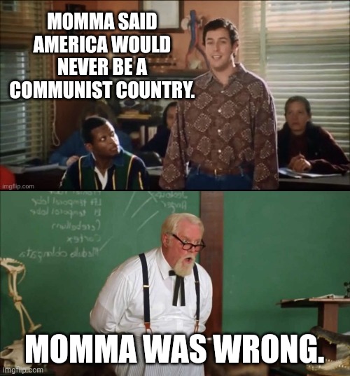 Welcome to communism. | MOMMA SAID AMERICA WOULD NEVER BE A COMMUNIST COUNTRY. MOMMA WAS WRONG. | image tagged in waterboy mama says | made w/ Imgflip meme maker