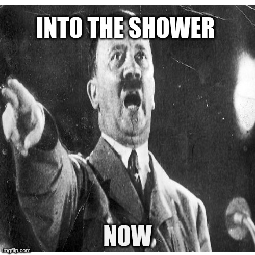 Hitler doesnt approve of your conduct, sends you to the shower |  INTO THE SHOWER; NOW | image tagged in adolf hitler,shower,gas | made w/ Imgflip meme maker
