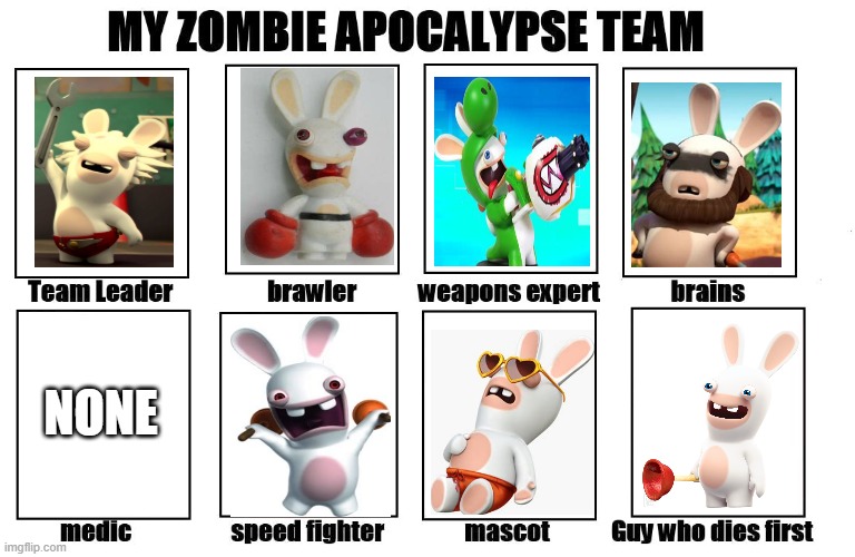 Rabbid's in the zombie apocalypse | NONE | image tagged in my zombie apocalypse team,stupid | made w/ Imgflip meme maker