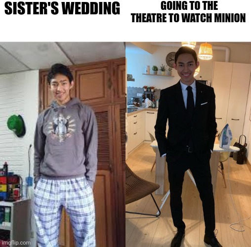 Banana | SISTER'S WEDDING; GOING TO THE THEATRE TO WATCH MINION | image tagged in fernanfloo dresses up,memes,funny memes,fun,minions | made w/ Imgflip meme maker