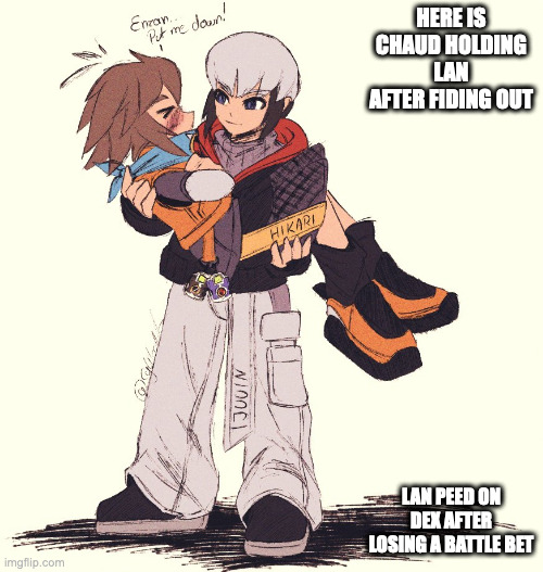Chaud Holding Lan | HERE IS CHAUD HOLDING LAN AFTER FIDING OUT; LAN PEED ON DEX AFTER LOSING A BATTLE BET | image tagged in eugene chaud,lan hikari,memes,megaman,megaman battle network | made w/ Imgflip meme maker
