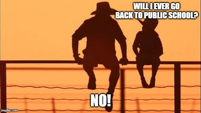 Cowboy wisdom. Home school is education, public school is indoctrination | WILL I EVER GO BACK TO PUBLIC SCHOOL? NO! | image tagged in cowboy father and son,public school,home school,education vs indoctrination,cowboy wisdom,teach your child | made w/ Imgflip meme maker