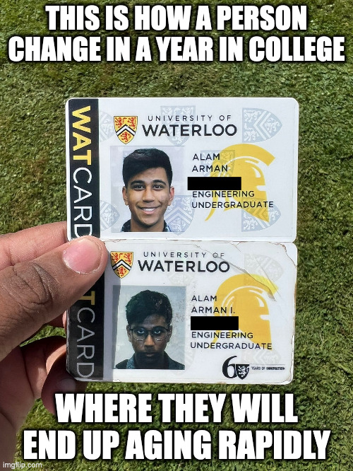 Freshman ID Card vs. Sophomore ID Card | THIS IS HOW A PERSON CHANGE IN A YEAR IN COLLEGE; WHERE THEY WILL END UP AGING RAPIDLY | image tagged in id card,memes,college | made w/ Imgflip meme maker