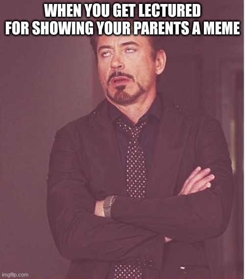 very true | WHEN YOU GET LECTURED FOR SHOWING YOUR PARENTS A MEME | image tagged in memes,face you make robert downey jr | made w/ Imgflip meme maker