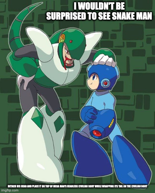 Mega Man and Snake Man | I WOULDN'T BE SURPRISED TO SEE SNAKE MAN; DETACH HIS HEAD AND PLACE IT ON TOP OF MEGA MAN'S HEADLESS CIVILIAN BODY WHILE WRAPPING ITS TAIL ON THE CIVILIAN BODY | image tagged in megaman,snakeman,memes | made w/ Imgflip meme maker