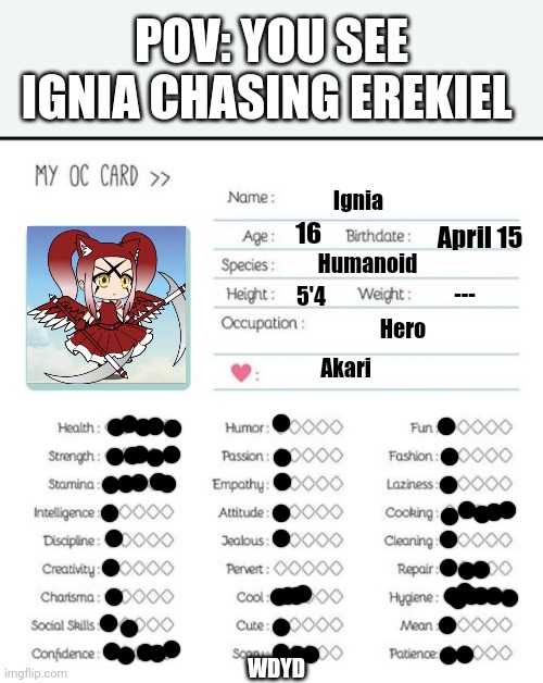 My oc card | POV: YOU SEE IGNIA CHASING EREKIEL; Ignia; 16; April 15; Humanoid; ---; 5'4; Hero; Akari; WDYD | image tagged in my oc card | made w/ Imgflip meme maker