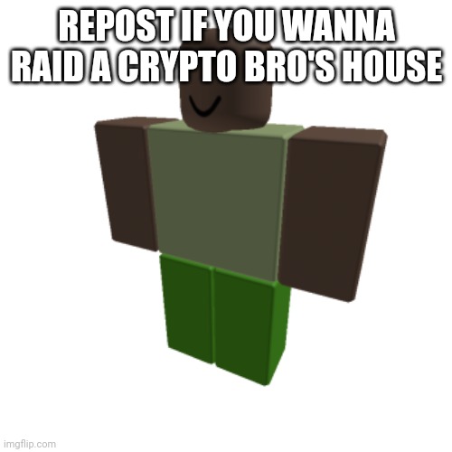 Roblox oc | REPOST IF YOU WANNA RAID A CRYPTO BRO'S HOUSE | image tagged in roblox oc | made w/ Imgflip meme maker
