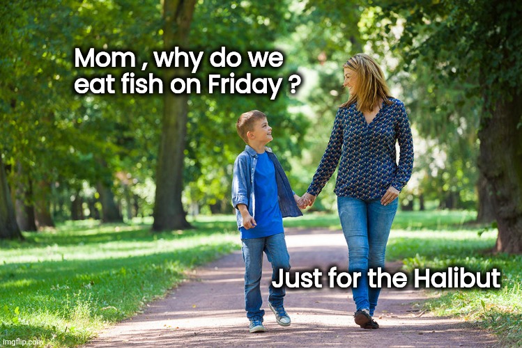 Smells like Low Tide | Mom , why do we
           eat fish on Friday ? Just for the Halibut | image tagged in mom and son walking,fishy,wubba lubba dub dub,what the fish,ba dum shhhh | made w/ Imgflip meme maker