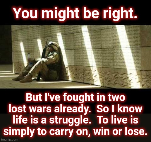 Sad soldier | You might be right. But I've fought in two lost wars already.  So I know
life is a struggle.  To live is
simply to carry on, win or lose. | image tagged in sad soldier | made w/ Imgflip meme maker