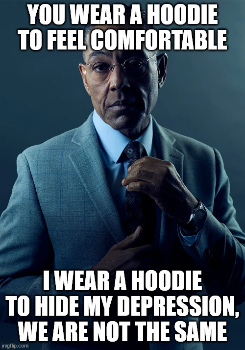 reusing a dead meme, sorry. | YOU WEAR A HOODIE TO FEEL COMFORTABLE; I WEAR A HOODIE TO HIDE MY DEPRESSION, WE ARE NOT THE SAME | image tagged in we are not the same,depression,hoodie,funny | made w/ Imgflip meme maker