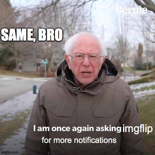 Bernie I Am Once Again Asking For Your Support Meme | imgflip for more notifications SAME, BRO | image tagged in memes,bernie i am once again asking for your support | made w/ Imgflip meme maker