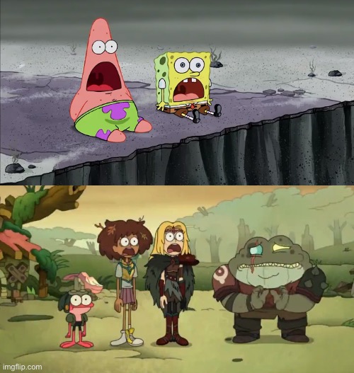 Anne and Sasha make the same faces like SpongeBob and Patrick | image tagged in spongebob squarepants,amphibia,nickelodeon,disney channel,mouth | made w/ Imgflip meme maker
