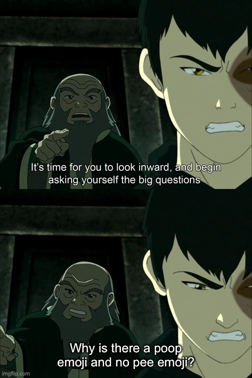 It's Time To Start Asking Yourself The Big Questions Meme | Why is there a poop emoji and no pee emoji? | image tagged in it's time to start asking yourself the big questions meme,memes,avatar the last airbender | made w/ Imgflip meme maker